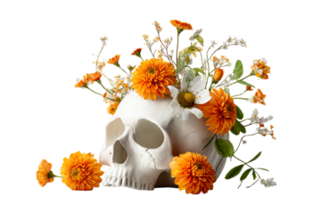 Skull with bright orange flowers