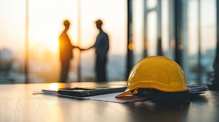 Businesspeople Handshake In Modern Office With Construction Helmet