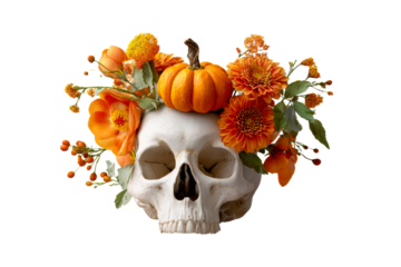 Floral skull decoration with pumpkin and flowers
