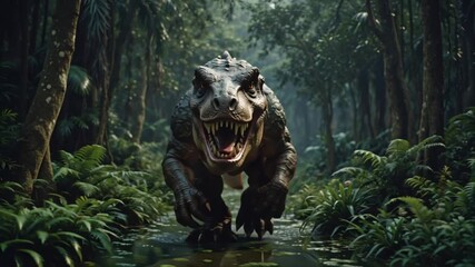 Ferocious carnivorous dinosaur charges through a primeval jungle stream, an apex predator roaring in its ancient, untamed habitat - Powered by Adobe