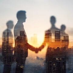 Businesspeople Handshake Over Cityscape At Sunset