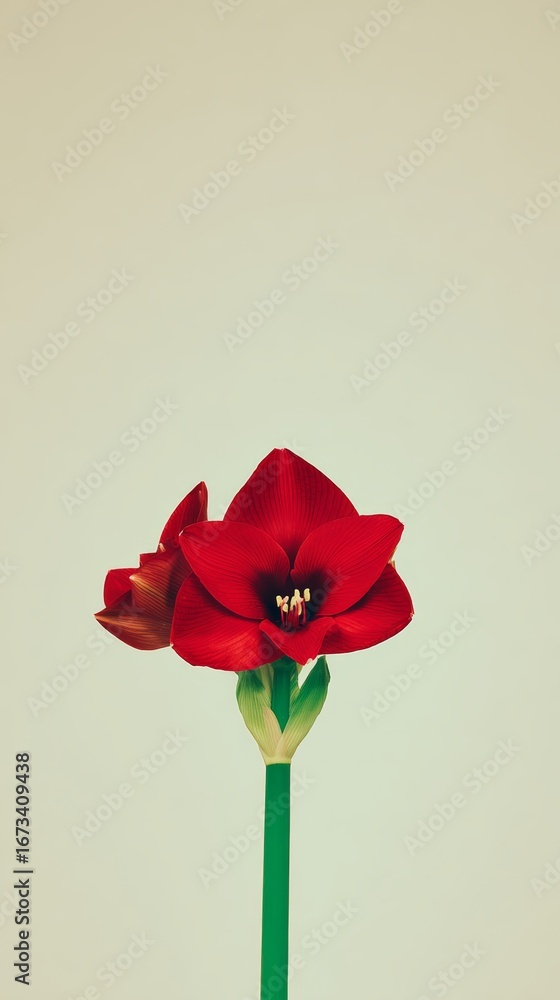 Poster bright red amaryllis flower stands out against a clean white background with soft natural light crea