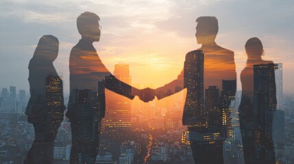 Businesspeople Handshake Silhouette City Sunset
