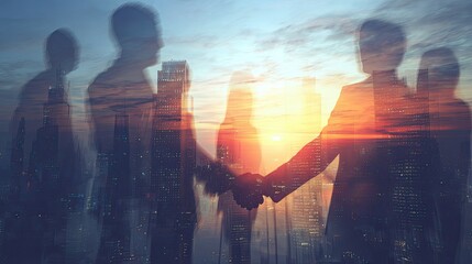Businesspeople Handshake Silhouette Sunset Cityscape