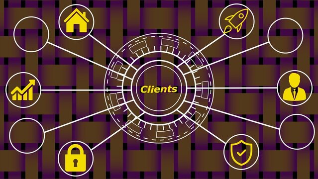 Client relationship diagram with yellow icons including house rocket graph lock and person on woven purple and brown background