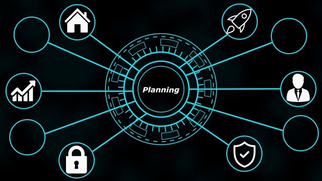 Conceptual Diagram Showing Planning with Icons for Home Growth Security People and Rocket on Black Background