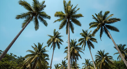 A breathtaking low angle perspective showcases a vibrant cluster of tall palm trees reaching towards a clear serene sky evoking a sense of tropical paradise and natural beauty