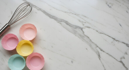 Cupcake sleeves paper on marble countertop  
