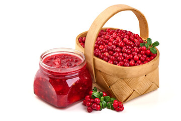 Cranberry Jam in a glass jar, isolated on white background.