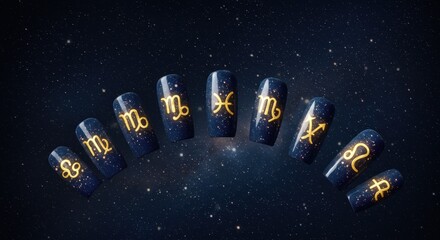Celestial nail art collection featuring sparkling golden zodiac symbols on a dark, glittery galaxy background, representing the horoscope