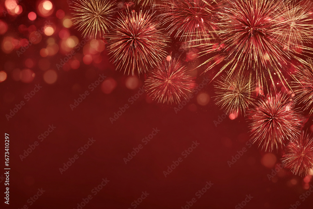 Poster red and gold fireworks display against a dark red background with bokeh lights