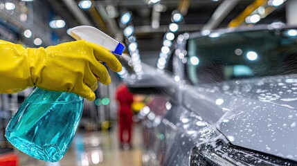Car Washing In Industrial Setting With Spray Bottle And Gloves
