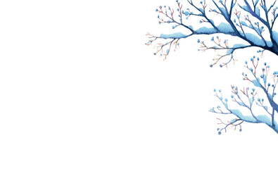 watercolor snowy tree branch png. Frame with a winter tree branch covered with a layer of snow. Blank template for winter and Christmas decorations. Watercolor winter vector illustrations.