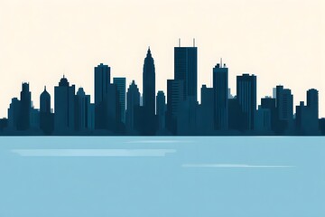 Obraz premium Silhouette of a city skyline by the water at sunset.