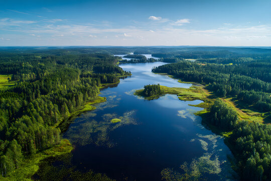 Aerial landscape of the lake and part of the green frest in a daylight.