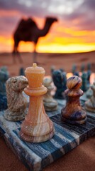 Chess Pieces In Desert At Sunset With Camel Silhouette