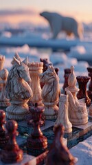 Chess Pieces On Frozen Arctic Landscape With Polar Bear
