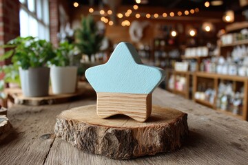 Light blue painted wooden star on wood slice