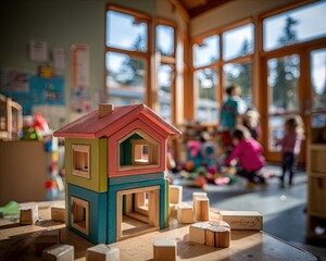 Children Playing With Wooden Building Toys In Playroom