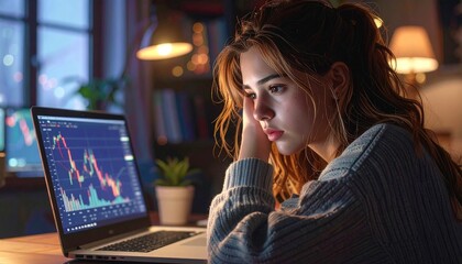 A concerned investor closely monitors a declining stock market chart on a laptop screen, reflecting financial anxiety and market volatility late at night