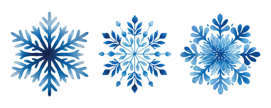 Watercolor set of blue snowflakes. Snow icons. Snow and snowflake symbols. Winter and Christmas elements in watercolor. Snowflake pattern. Vector illustration.