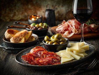 Italian Antipasto Platter with Red Wine, Olives, Cheese, Salami, Prosciutto and Toasted Bread on Rustic Wooden Table