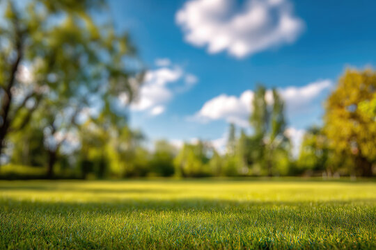
Beautiful blurred background image of spring nature with a neatly trimmed lawn surrounded by trees against a blue sky with clouds on a bright sunny day
