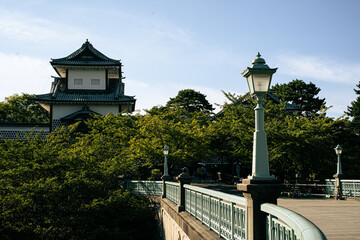 Kanazawa Castle and Bridge with Street Lamps
