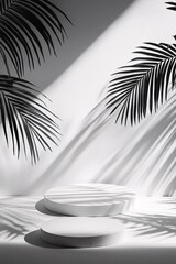 Obraz premium Minimalist white wall with palm leaf shadows and sunlight from window