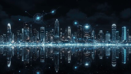 Futuristic city skyline at night glowing with lights and digital effects with bright holographic financial graphs and data lines floating above the ground, reflecting of data and lights.