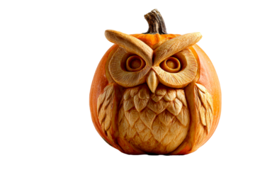 Pumpkin carved as an owl with intricate details