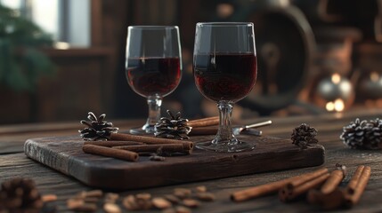 Two glasses of red wine with cinnamon and pine cones