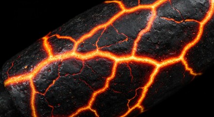 Close-up of molten lava cracking a dark surface, glowing with intense heat and vibrant orange energy