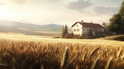 Golden wheat field with rustic house under cloudy sky in tuscany