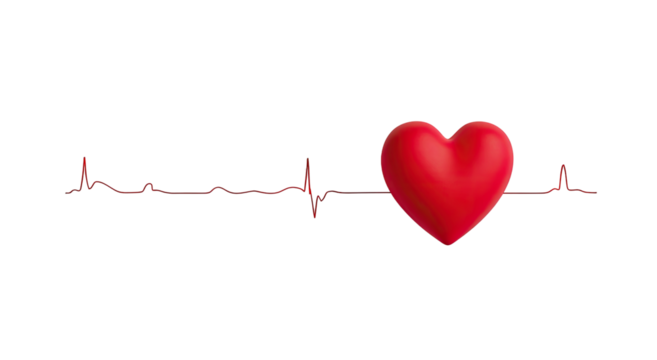 A red heart graphic sits centered on a black background between red EKG lines - Powered by Adobe
