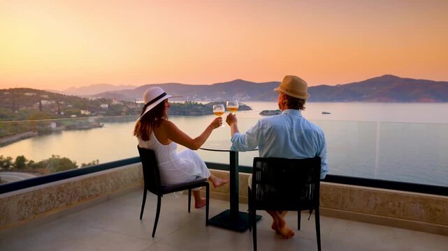 A elegant holiday couple enjoys the beautiful summer sunset in the mediterranean sea with a glass of wine, romantic honeymoon vacation concept