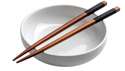 Japanese bamboo chopsticks placed on a white bowl on a white background
