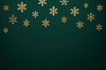 Golden snowflakes holiday sale background with elegant festive decoration and dark green backdrop perfect for seasonal promotions and winter celebration advertisements