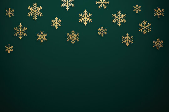 Golden snowflakes holiday sale background with elegant festive decoration and dark green backdrop perfect for seasonal promotions and winter celebration advertisements