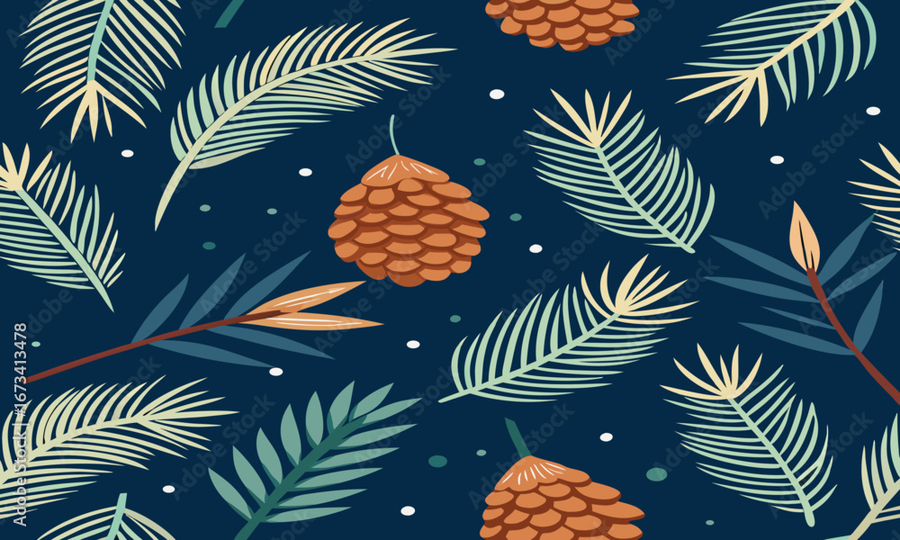 Poster scandinavian repeat simplified pine sprigs and cones, two-tone vector repeat optimized for fabric, p