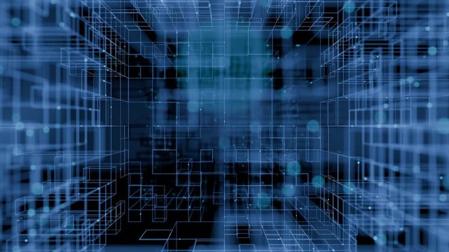 Abstract 3D background of Digital Grid Structure with Glowing Blue Lines and dots for Data Networks, Blockchain, Cybersecurity, AI ,and Virtual Technology Systems. Created using non-AI 3d software
