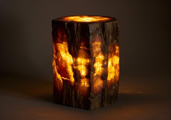 Tall Glowing Petrified Wood-Inspired Luminary or Abstract Sculpture on Dark Background.