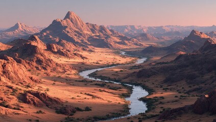 Naklejka premium Serpentine river meanders through arid, mountainous landscape under soft sunset light