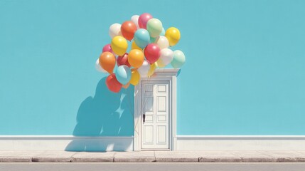 Colorful birthday balloons floating against bright blue wall background with white door, festive party decoration for celebration, anniversary, or event design