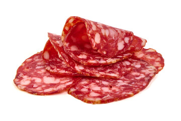 Smoked Sausage with Slices, salami Napoli, isolated on white background.