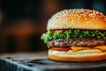 Generative AI image of juicy burger with glass of beer and open book on wooden table in cozy bar or pub interior mockup concept