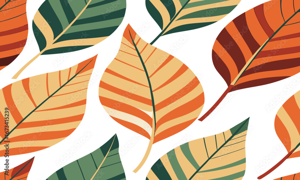 Poster minimal stripe + leaf hybrid seamless pattern with warm gradients and cream background, vector tile,