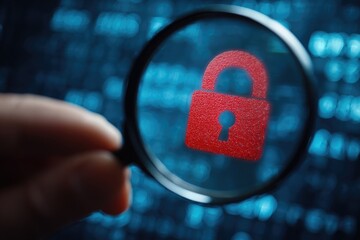 Magnifying glass focused on a red padlock icon over a digital code background