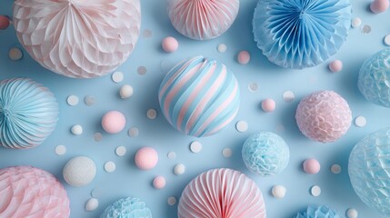 Flat lay birthday party decoration on pastel blue background with balloons, confetti, streamers, ribbons and festive accessories for celebration, anniversary, carnival or holiday event top view