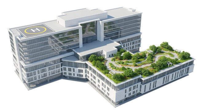 Fototapeta A modern hospital building featuring sustainable architecture, a green rooftop garden, and a helipad for emergency medical services, isolated on a white background